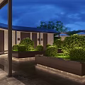 Modern Garden Landscape With Columned Structure Polished Stone Floor Trimmed Shrubs And Evening Lighting