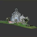Old Church Building With Stone Structure Steeple Green Grass Path And Benches