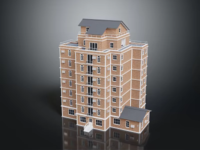 Cartoon Scene of Multistory Building with Brick Exterior Gray Roof and Small Porch 3d model