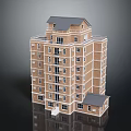 Cartoon Scene of Multistory Building with Brick Exterior Gray Roof and Small Porch