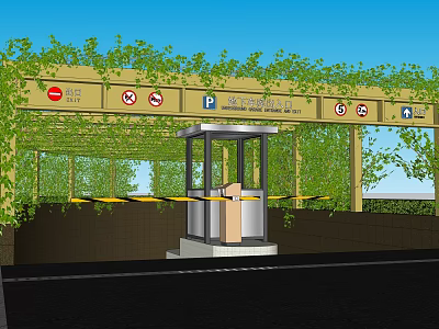 Vine Covered Parking Entrance Area With Security Booth And Prohibition Signs 3d model