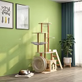 Wooden Multilevel Cat Tree Household Living Products With Pet Bed Potted Plant Green Wall Wooden Floor