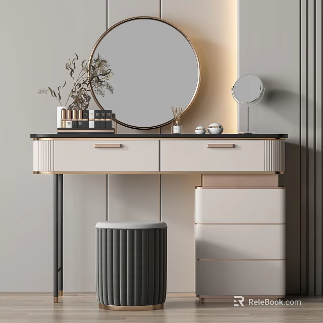 Modern Dressing Table with Round Mirror Above Drawers Stool and Decorative Storage Items 3d model 