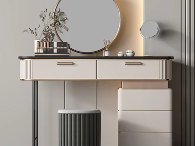 Modern Dressing Table with Round Mirror Above Drawers Stool and Decorative Storage Items 3d model