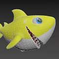 Yellow Cartoon Shark With Big Blue Eyes Open Mouth Friendly Look On Blue Background