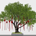 Art Installation Featuring Big Tree With Red Lanterns And Red Ribbons On White Square Base 3d model