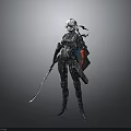 Woman In Black Armor With White Helmet Holding Long Sword Standing On Gray Background 3d model