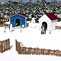 Snowy Zoo Scene With Penguin Huts Snowman Pine Trees And Fences