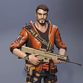 Male Adventurer Character With Companion Creature And Firearm Shovel Backpack Tools