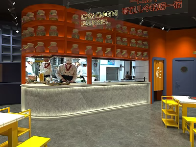 Hotpot Restaurant Interior Featuring Orange Walls Display Jars Counter and Yellow Tables 3d model