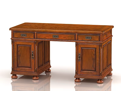 Traditional Wooden Office Desk With Brown Wood Grain Carved Drawers Cabinet Doors And Decorative Legs 3d model
