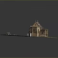 Cartoon Scene with Brick Church Steep Roof Tower on Sandy Ground Small Figures Near Entrance