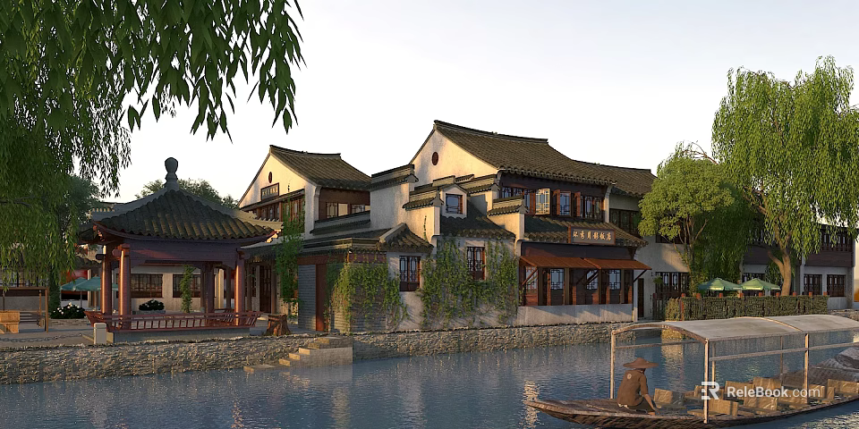 Traditional Chinese Ancient Architecture With Tiled Roofs By Water And Green Vines Around 3d model 