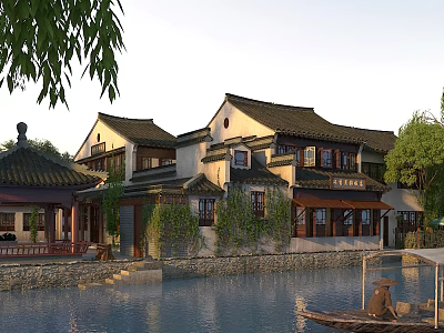 Traditional Chinese Ancient Architecture With Tiled Roofs By Water And Green Vines Around 3d model