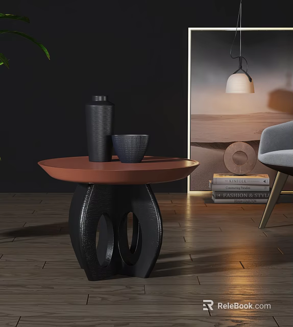 Modern Side Table With Brown Top Black Hollow Design Legs And Decorative Vase Bowl 3d model 