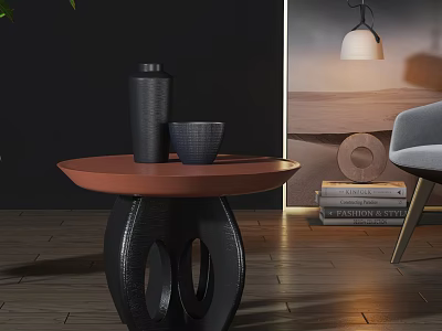 Modern Side Table With Brown Top Black Hollow Design Legs And Decorative Vase Bowl 3d model