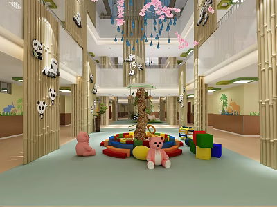 Cheerful Kindergarten Play Space With Bamboo Columns Panda Decorations Pink Hanging Ornaments And Teddy Bears 3d model