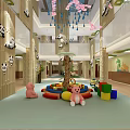 Cheerful Kindergarten Play Space With Bamboo Columns Panda Decorations Pink Hanging Ornaments And Teddy Bears