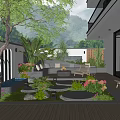 Beautiful Garden Patio Design With Wooden Deck Sofa Fire Pit And Green Plants