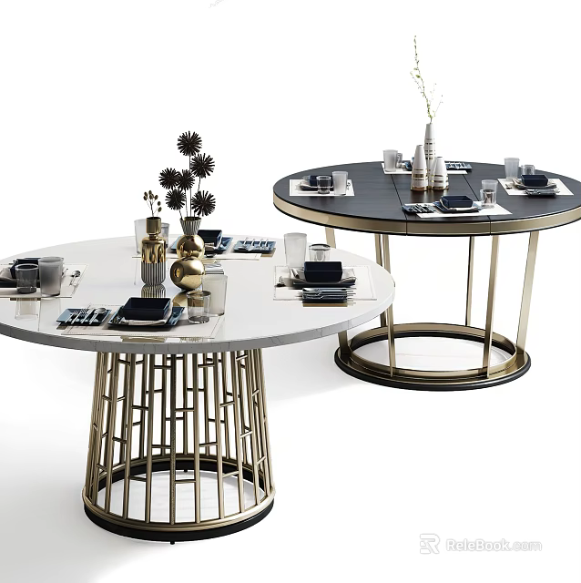 Modern Round Dining Tables With Golden Metal Frame And Tabletop Decorations 3d model 