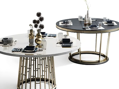 Modern Round Dining Tables With Golden Metal Frame And Tabletop Decorations 3d model