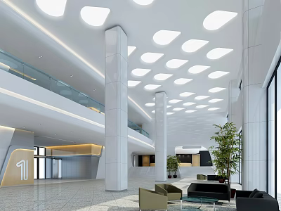 Modern Front Desk Reception Area With White Pillars Ceiling Lights And Green Plants 3d model