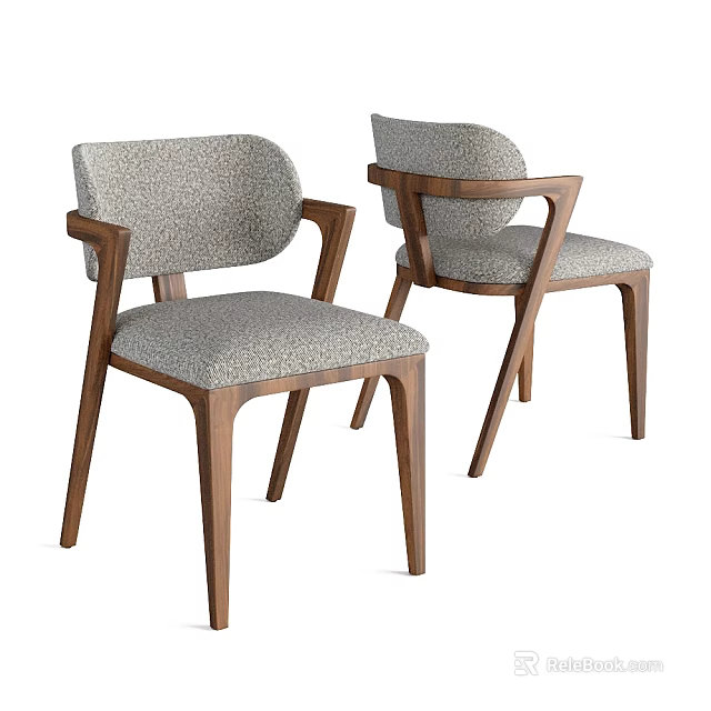Modern Light Gray Upholstered Dining Chairs With Wooden Frame And Walnut Armrests Set of Two 3d model 