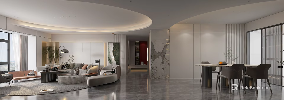 Modern Living And Dining Room Interior With Curved Ceiling Marble Column Sofa Gray Floor 3d model 
