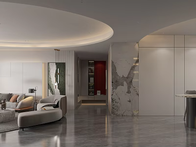 Modern Living And Dining Room Interior With Curved Ceiling Marble Column Sofa Gray Floor 3d model