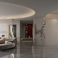 Modern Living And Dining Room Interior With Curved Ceiling Marble Column Sofa Gray Floor