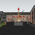 Night Scene Commercial Street With Fireworks Red Lanterns Colored Flags Red Brick Buildings And Pedestrians