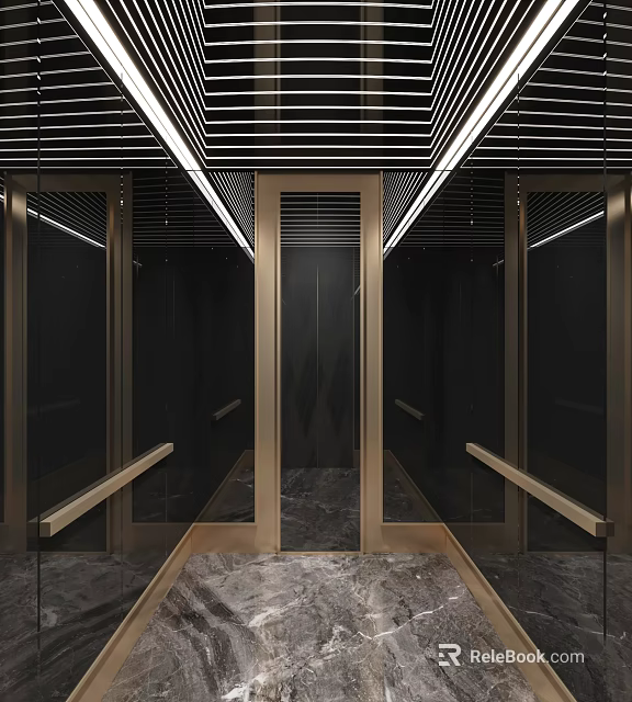 Modern Elevator Interior Design With Glass Doors Golden Frames And Marble Floor 3d model 