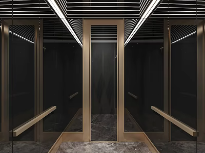 Modern Elevator Interior Design With Glass Doors Golden Frames And Marble Floor 3d model