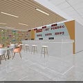 One Stop Student Service Hall With Wooden Ceiling Colorful Bookshelves White Counter And Orange Chairs