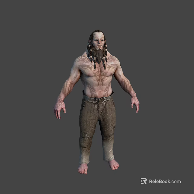3D Character and Creature Model with Primitive Appearance Muscular Structure and Rough Cloth Pants 3d model