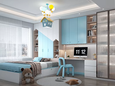 Tatami Bedroom Interior Blue And White With Bookshelves Desk Small House Decor Colorful Pendant Light 3d model