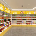 Supermarket Store Interior With Shelves Stocked With Beverages Food Items And Yellow Signage
