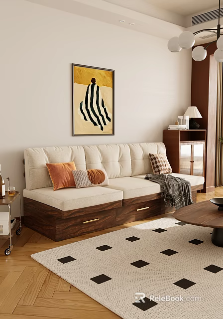 Beige Sofa with Throw Pillows Wooden Drawers and Coffee Table Set Abstract Art Geometric Rug 3d model 