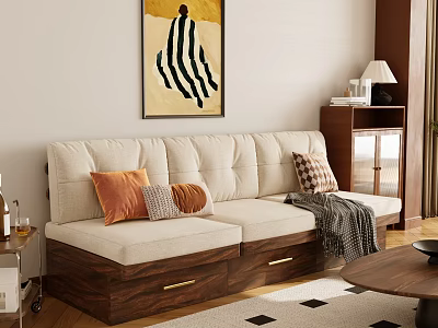 Beige Sofa with Throw Pillows Wooden Drawers and Coffee Table Set Abstract Art Geometric Rug 3d model