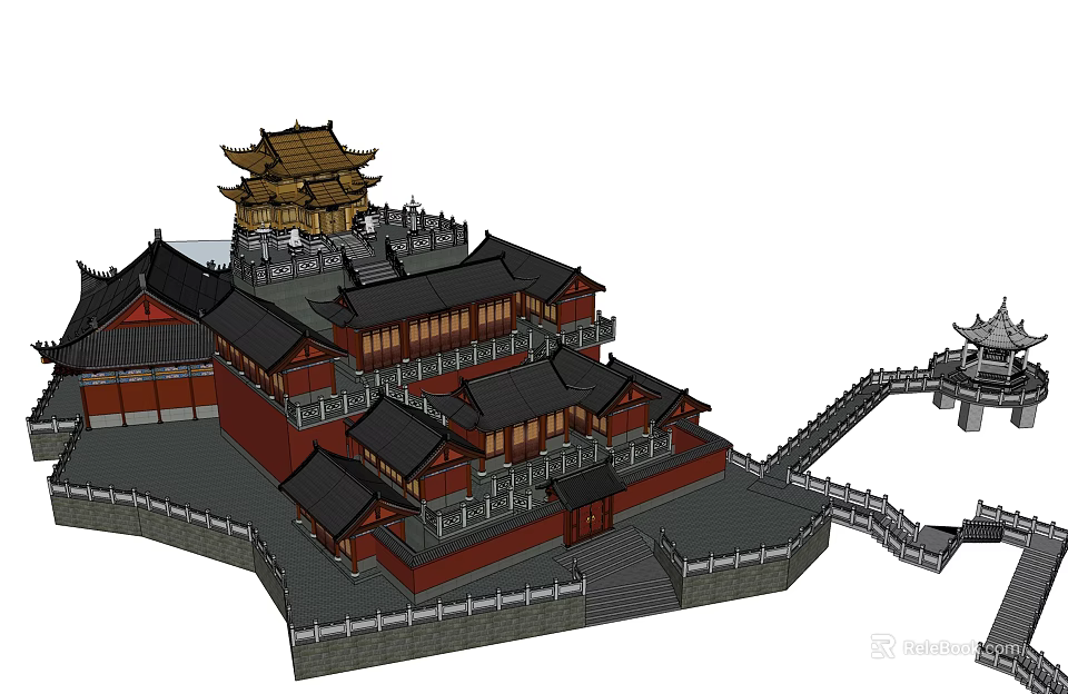 Ancient Chinese Architecture Featuring Multiple Tiered Roofs Yellow Main Hall Red Walls And Ornate Eaves 3d model 