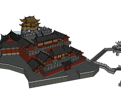 Ancient Chinese Architecture Featuring Multiple Tiered Roofs Yellow Main Hall Red Walls And Ornate Eaves 3d model