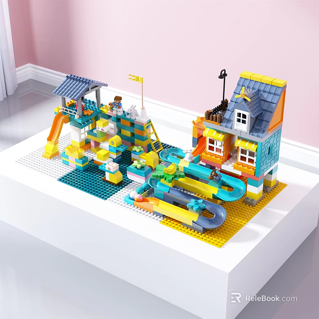 Building Blocks Kids Play Set With Colorful House Slide And Water Pool 3d model 