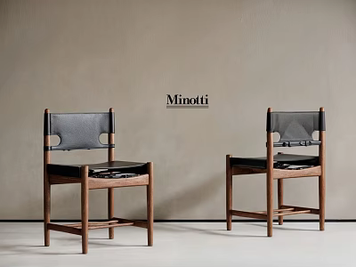 Pair of Minotti Modern Dining Chairs With Wooden Frame And Black Leather Seats 3d model