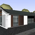 Traditional Chinese Commercial Street With Black Tile Roof White Wooden Facade And Large Glass Windows
