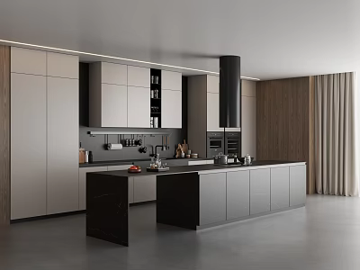 Modern Open Concept Kitchen Interior Design With Island Counter Cabinets And Appliances 3d model