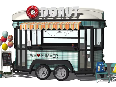 Donut Food Truck With Striped Awning Turquoise Plaid We Love Summer And Colorful Balloons 3d model
