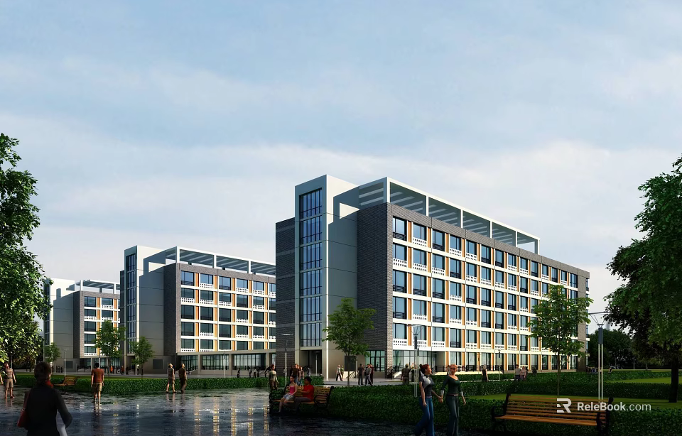Modern Multistory School Building With Large Windows Green Lawns And Students Walking 3d model 