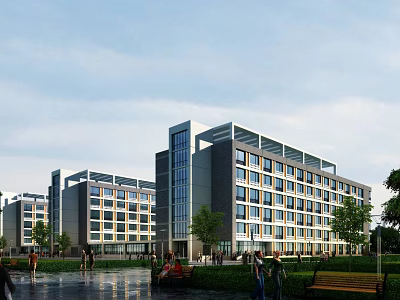 Modern Multistory School Building With Large Windows Green Lawns And Students Walking 3d model