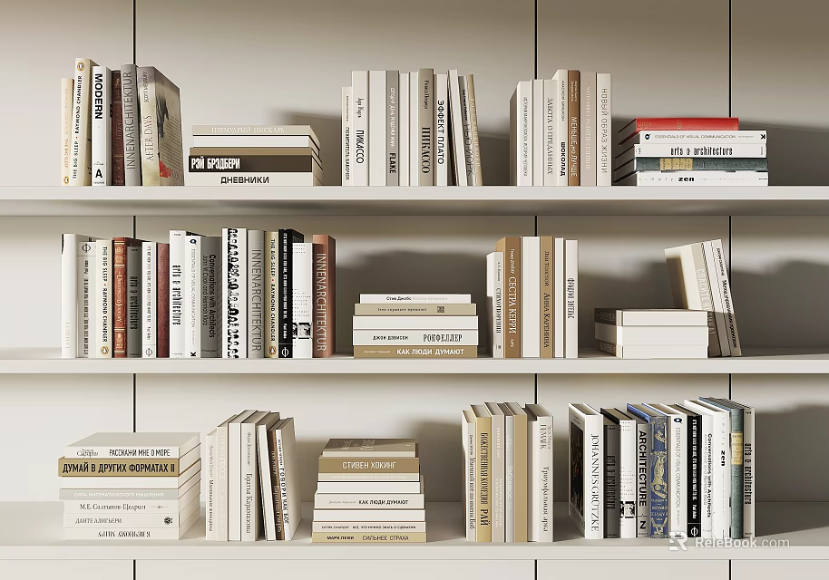 Neatly Arranged Books on White Shelves with Various Colors and Tidy Rows 3d model 