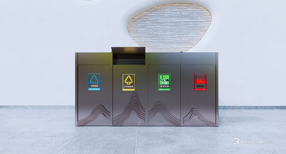 Public Facility Waste Sorting Bins With Multiple Color Coded Compartments And Labels For Public Use 3d model